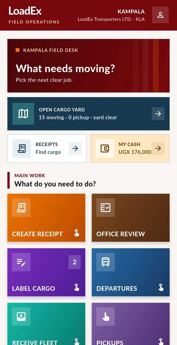 LoadEx Field app home screen: What needs moving? with Create receipt, Label cargo, Departures and Pickups