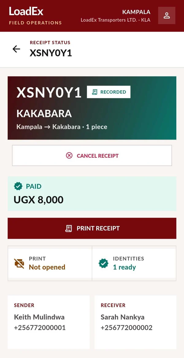 LoadEx Field receipt screen showing a paid receipt from Kampala to Kakabara with a Print receipt button