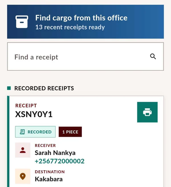 LoadEx Field receipt list with a search box and a recorded receipt ready to print