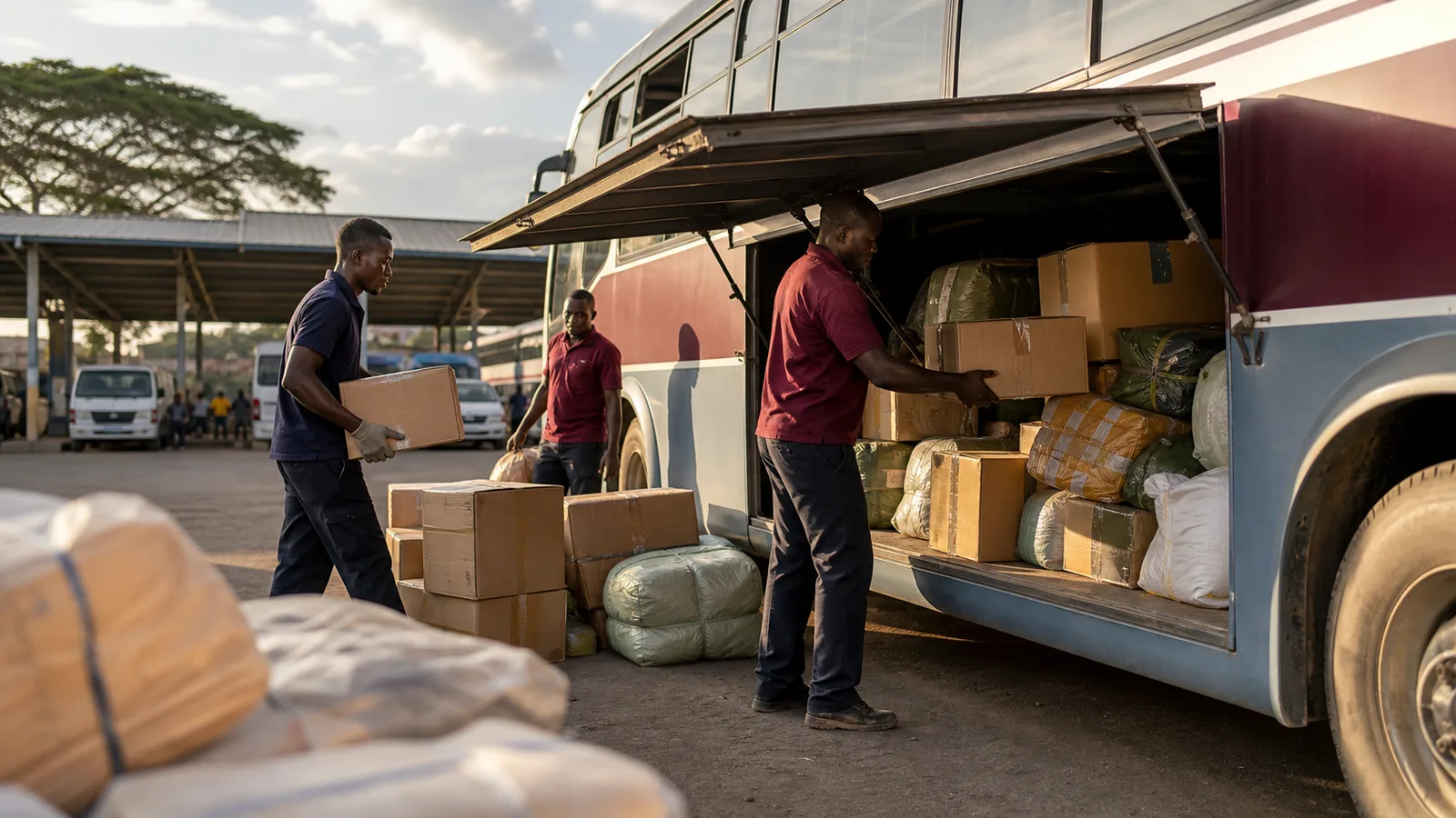 Workers loading parcels and packaged cargo into a bus cargo compartment